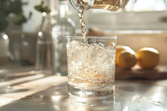 high resolution image of pouring homemade syrup into sparkling water for mocktail
