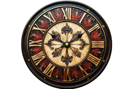 An ornate clock telling tales of time in gilded roman numerals and vintage floral patterns on on transparent background