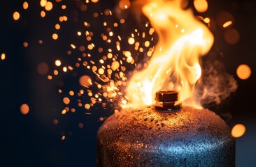 Close-up of a gas cylinder on fire, with flames and sparks coming out from the top