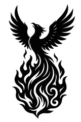 Obraz premium Monochrome vector illustration of a phoenix rising from flames, ideal for themes of rebirth, power, or mythology.