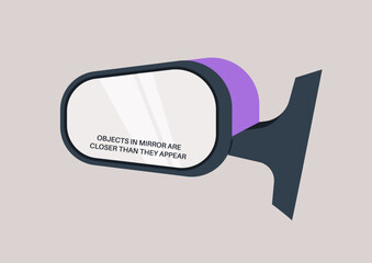 A creatively designed rearview mirror with a vivid purple hue and a cautionary message about visual perception while driving, emphasizing safety and awareness on the road