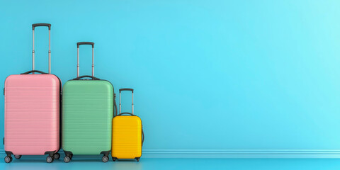 Obraz premium Stylish pastel travel luggage set featuring three colorful suitcases on minimalistic background perfect for packing tips travel blogs influencers and modern vacation planning guides