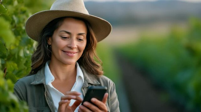 Female Farmer in Sun Hat Checks Mobile Phone in Vineyard at Sunset. Farming, Agriculture, Technology