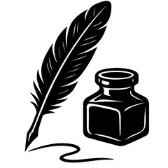 Monochrome vector illustration of a quill pen with an ink swirl next to an open inkwell, ideal for themes of writing, history, or literature.