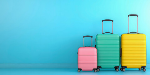 Stylish pastel travel luggage set featuring three colorful suitcases on minimalistic background perfect for packing tips travel blogs influencers and modern vacation planning guides
