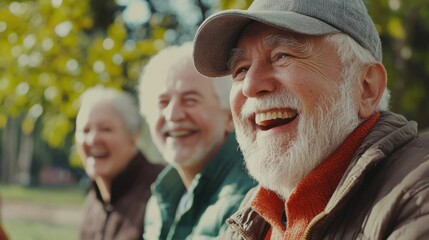 Group of happy elderly people bonding outdoors at the park - Old people in the age of 60, 70, 80 having fun and spending time together, concepts about elderly, seniority and wellness aging