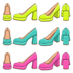 Set of color illustrations with women shoes on thick heels. Isolated vector objects on white background.