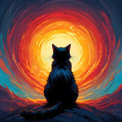 A black cat gazes upon a swirling vibrant sunset a silhouette against a colorful and ethereal sky.