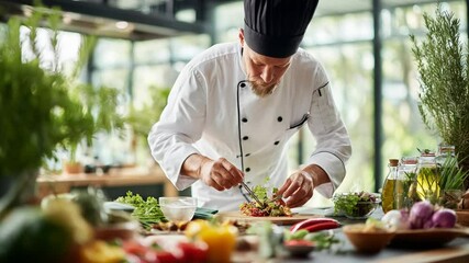Chef preparing a fresh gourmet salad in a bright kitchen