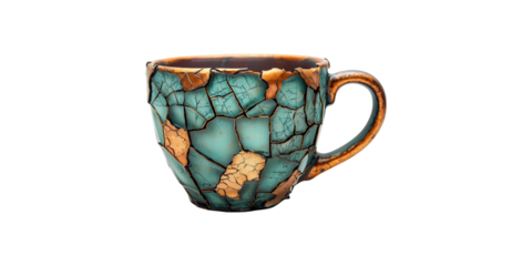 Cracked Ceramic Mug With Turquoise And Gold Finish. Artistic Design And Unique Texture Isolated On Transparent Background