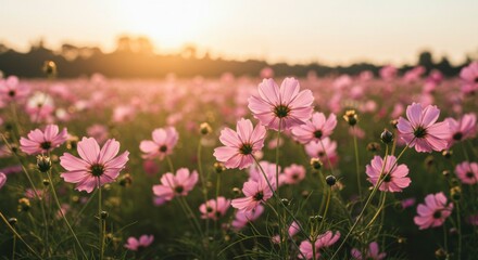 Obraz premium Serene sunset illuminates a vast field of delicate pink flowers, creating a picturesque and tranquil scene