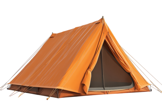 Envisioning wilderness adventures with a classic orange camping tent standing ready for on transparent background