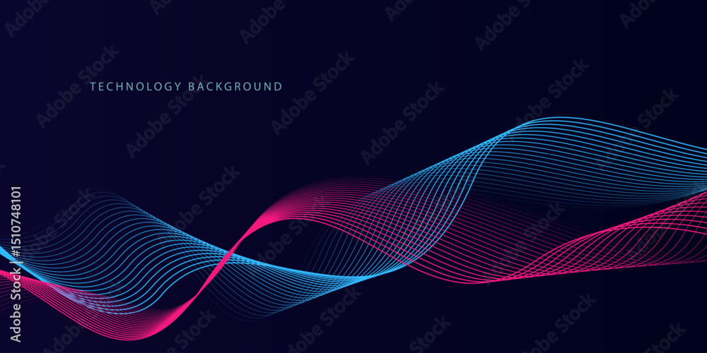Wall mural abstract glowing wave lines on dark blue background. dynamic wave pattern. modern flowing wavy lines