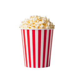 Striped red and white popcorn bucket filled with fluffy popcorn, perfect for movie nights or theater snacks. classic design evokes sense of nostalgia and enjoyment