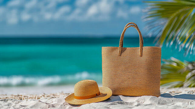 Elegant seaside picnic scene featuring woven beach bag sun hat and sunscreen for travel influencer beach lifestyle tutorials and vacation guides