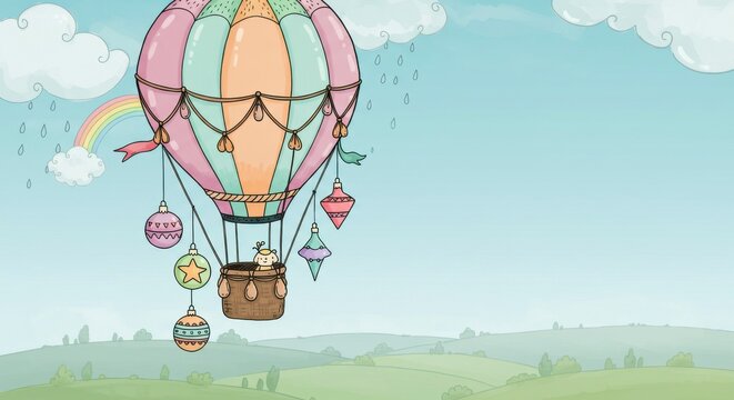 Whimsical hot air balloon adorned with ornaments floats above a rolling landscape under a partly cloudy sky with a rainbow