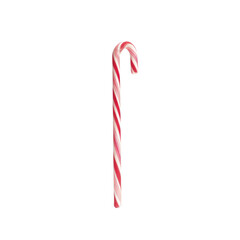 Red and white striped candy cane with curved top is isolated on transparency background, evoking festive and cheerful holiday spirit