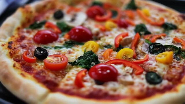 Delicious pizza slices with mozzarella cheese and vegetables for advertisement 