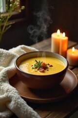 A steaming bowl of creamy soup sits on a rustic wooden table, surrounded by soft blankets and candles, creating a cozy and comforting atmosphere perfect for relaxation , blanket, aroma, rustic