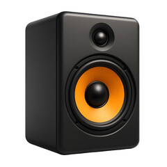 Fototapeta premium Modern professional audio speaker with orange cone and black enclosure isolated on black