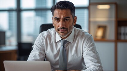 Obraz premium Determined businessman at desk with laptop