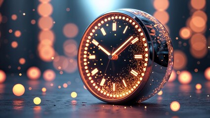 Abstract digital clock with glowing particles and futuristic neon light effects in a modern technology design