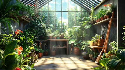 Sunlit Greenhouse with Lush Plants and Wooden Shelves