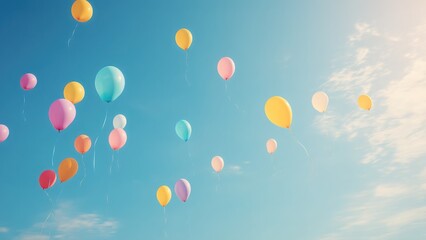 青空に舞い上がるカラフルな風船たち 開放感あふれる空の風景_1