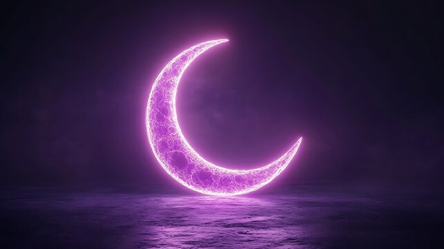 Glowing purple crescent moon on dark surface