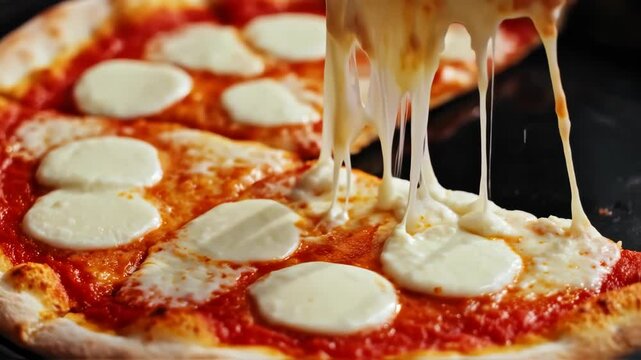 Delicious pizza slices with mozzarella cheese and vegetables for advertisement 