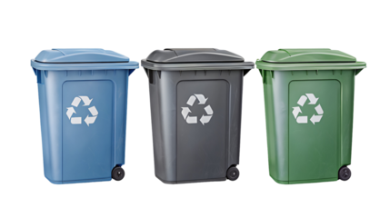 Three recycling bins in blue gray and green with recycling symbol aligned in a horizontal line on black