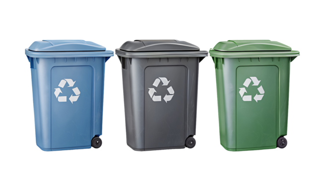 Three recycling bins in blue gray and green with recycling symbol aligned in a horizontal line on black