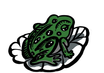picture of a green frog sitting on a lotus leaf