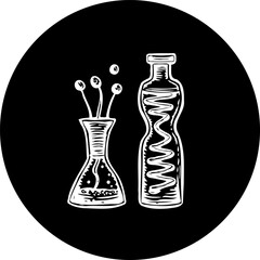 Stylized decorative bottles and vase design inside a black circle background