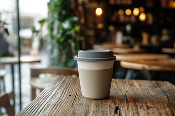 Warm coffee cup on a rustic wooden table in a cozy cafe setting Generative AI