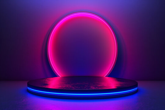 A large circular stage with a blue and purple light