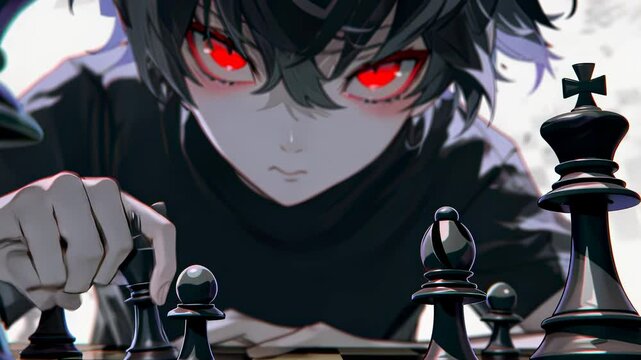 Flame of the Mind: The Chess Demon. Close up. Anime Man with red eyes plays chess. Web banner for anime, manga