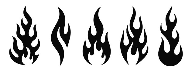 Black flames silhouettes set on white background