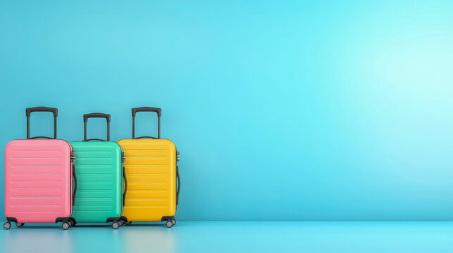 Stylish pastel travel luggage set featuring three colorful suitcases on minimalistic background perfect for packing tips travel blogs influencers and modern vacation planning guides