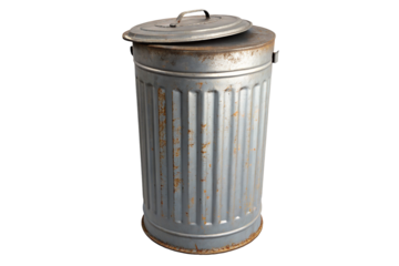 A slightly open metal trash can with rust spots on a black background in a studio setting view