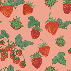 Vector seamless pattern of fresh strawberry and green leaves. Hand-drawn ripe fruits isolated on pink background. Tasty food illustration for design, print, fabric or background.