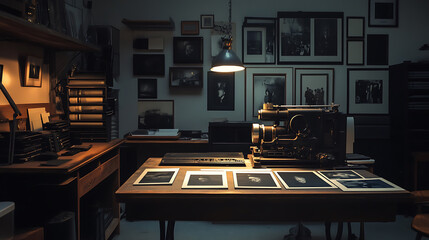 Vintage Photography Studio with Darkroom Equipment and Framed Photos