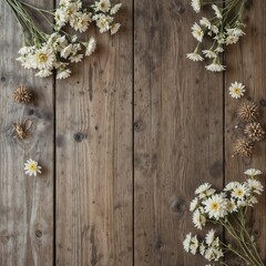 Wildflowers arranged on rustic wooden table background  