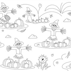 Naklejka premium Charming autumn harvest scene with friendly scarecrows and abundant pumpkins suitable for coloring