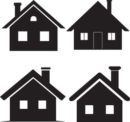 Set of Black House Icons with Different Roof Styles, Windows, and Doors – Ideal for Real Estate, Architecture, and Web Design Projects