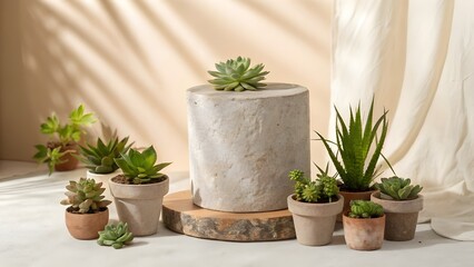 Obraz premium Cylindrical stone podium surrounded by small succulent plants on a warm beige background, ideal for eco-friendly product presentation or organic branding