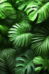 close-up view of various green tropical leaves, including monstera and palm leaves