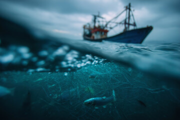 Underwater View of a Fishing Net with Fish and a Fishing Boat on a Cloudy Day. A Stunning Image Showcasing the Beauty and Challenges of Ocean Life.