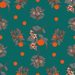 Summer orange fruits botanical pattern. Emerald green garden nature wallpaper. Folk orchard print. Provence bohemian illustration. Mediterranean oranges background