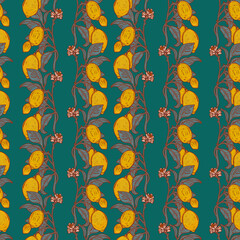 Summer fruits botanical pattern. Emerald green nature wallpaper. Folk orchard print. Provence bohemian illustration. Mediterranean lemons background